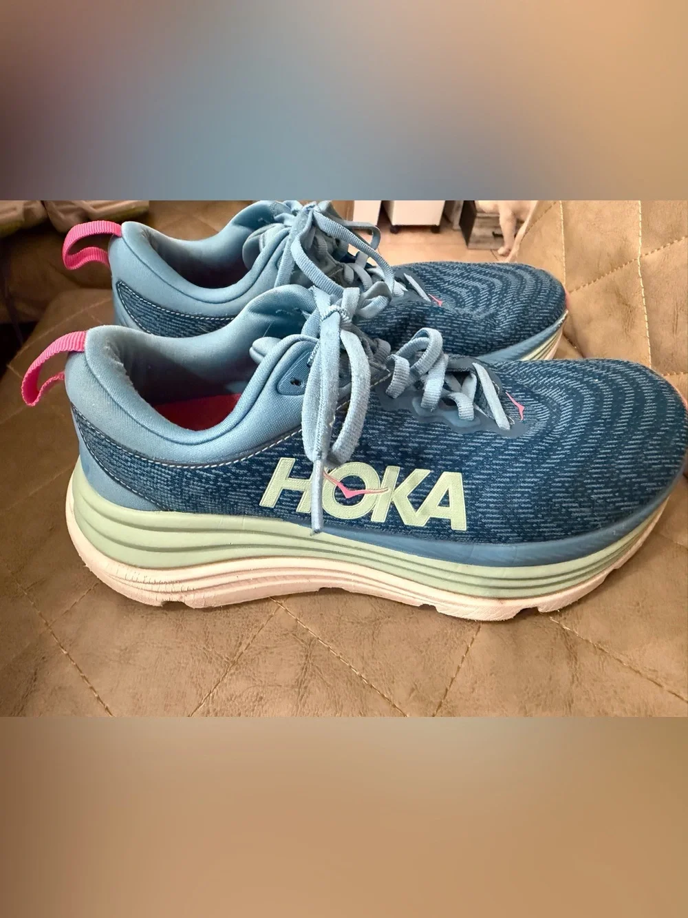 Hoka Women's Light Blue Knit Running Sneakers with Pink Heel Loop